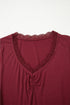 Lace Trimmed Sweetheart Neckline Ruched Long Sleeve Top