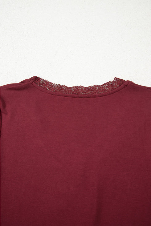 Lace Trimmed Sweetheart Neckline Ruched Long Sleeve Top