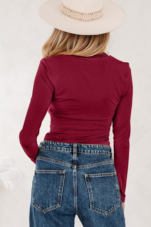 Lace Trimmed Sweetheart Neckline Ruched Long Sleeve Top
