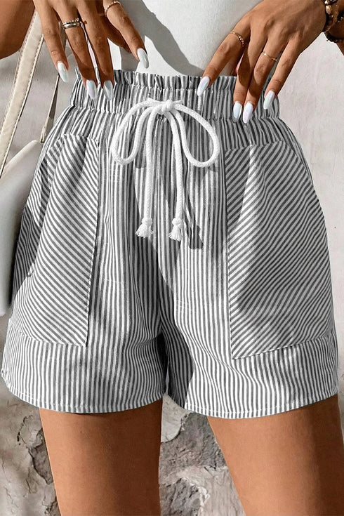 Lace Up Elastic Waist Striped Pocketed Casual Shorts
