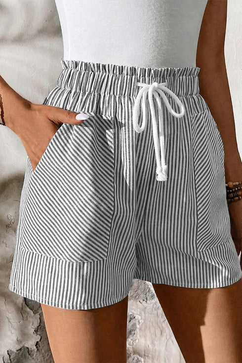 Lace Up Elastic Waist Striped Pocketed Casual Shorts
