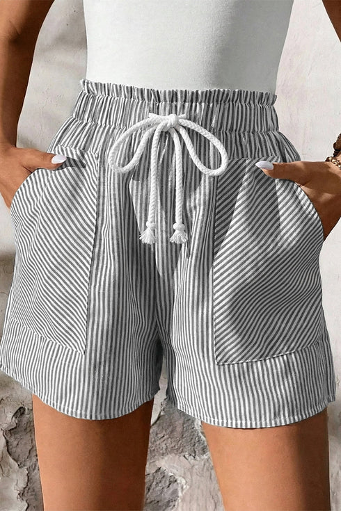 Lace Up Elastic Waist Striped Pocketed Casual Shorts