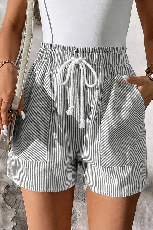 Lace Up Elastic Waist Striped Pocketed Casual Shorts