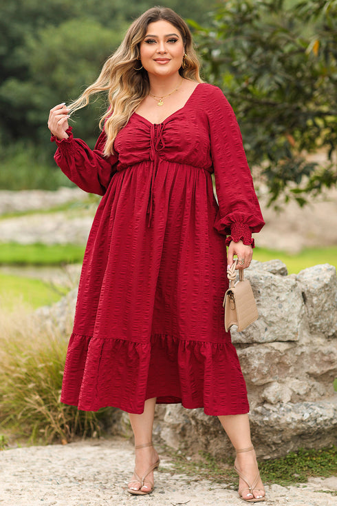 Lace Up Ruched Front Ruffle Hem Long Sleeve A-Line Plus Size Midi Dress