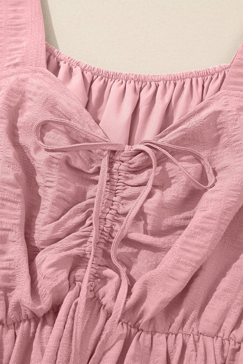 Lace Up Ruched Front Ruffle Hem Long Sleeve A-Line Plus Size Midi Dress