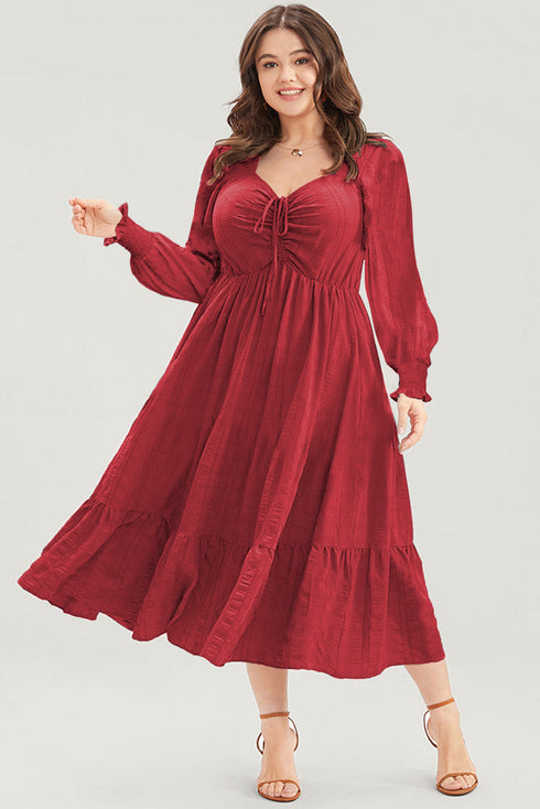 Lace Up Ruched Front Ruffle Hem Long Sleeve A-Line Plus Size Midi Dress