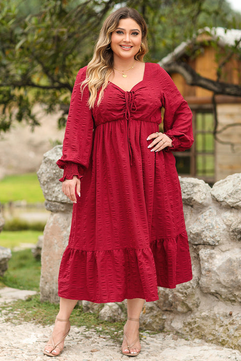 Lace Up Ruched Front Ruffle Hem Long Sleeve A-Line Plus Size Midi Dress