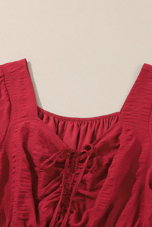 Lace Up Ruched Front Ruffle Hem Long Sleeve A-Line Plus Size Midi Dress