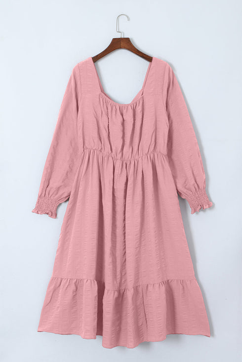 Lace Up Ruched Front Ruffle Hem Long Sleeve A-Line Plus Size Midi Dress