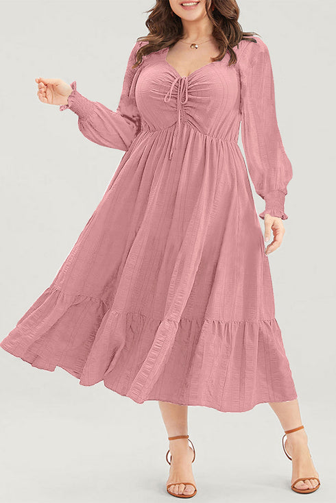 Lace Up Ruched Front Ruffle Hem Long Sleeve A-Line Plus Size Midi Dress