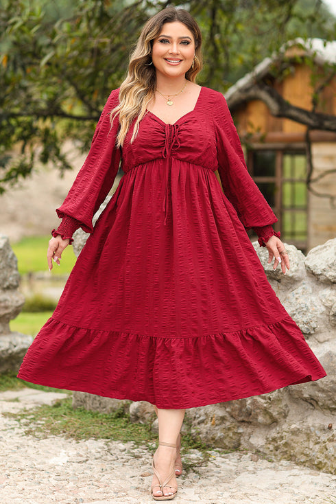 Lace Up Ruched Front Ruffle Hem Long Sleeve A-Line Plus Size Midi Dress