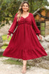 Lace Up Ruched Front Ruffle Hem Long Sleeve A-Line Plus Size Midi Dress