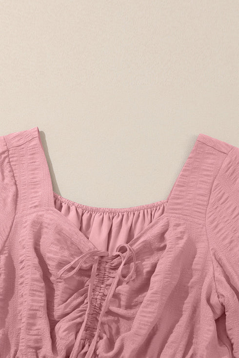 Lace Up Ruched Front Ruffle Hem Long Sleeve A-Line Plus Size Midi Dress