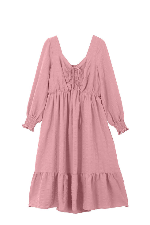 Lace Up Ruched Front Ruffle Hem Long Sleeve A-Line Plus Size Midi Dress