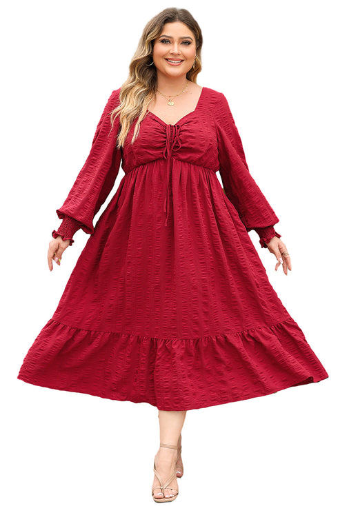 Lace Up Ruched Front Ruffle Hem Long Sleeve A-Line Plus Size Midi Dress