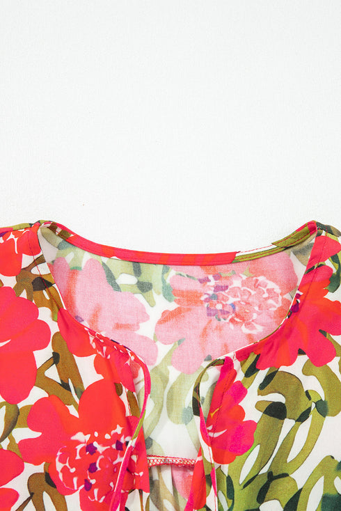 Lace Up V Neck Floral Print Flounce Sleeve Blouse