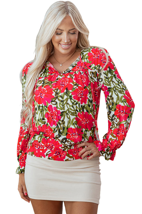 Lace Up V Neck Floral Print Flounce Sleeve Blouse