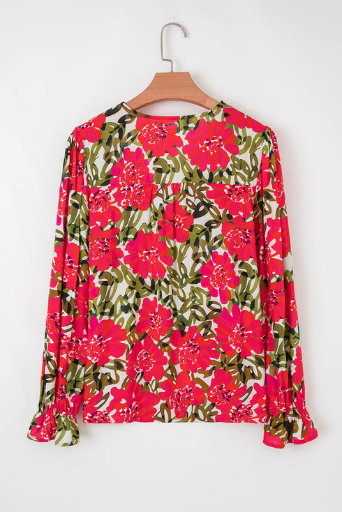 Lace Up V Neck Floral Print Flounce Sleeve Blouse