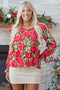 Lace Up V Neck Floral Print Flounce Sleeve Blouse