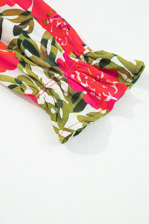 Lace Up V Neck Floral Print Flounce Sleeve Blouse