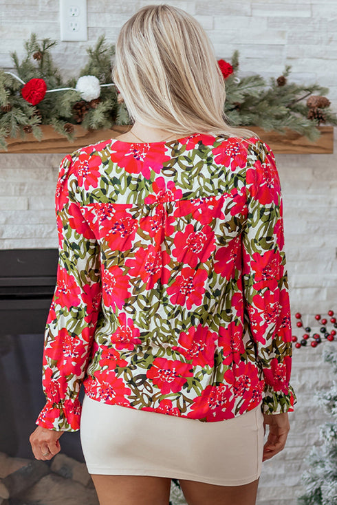 Lace Up V Neck Floral Print Flounce Sleeve Blouse