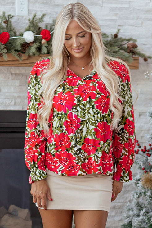 Lace Up V Neck Floral Print Flounce Sleeve Blouse