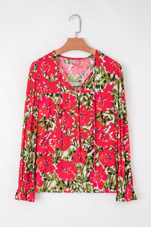 Lace Up V Neck Floral Print Flounce Sleeve Blouse