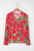 Lace Up V Neck Floral Print Flounce Sleeve Blouse