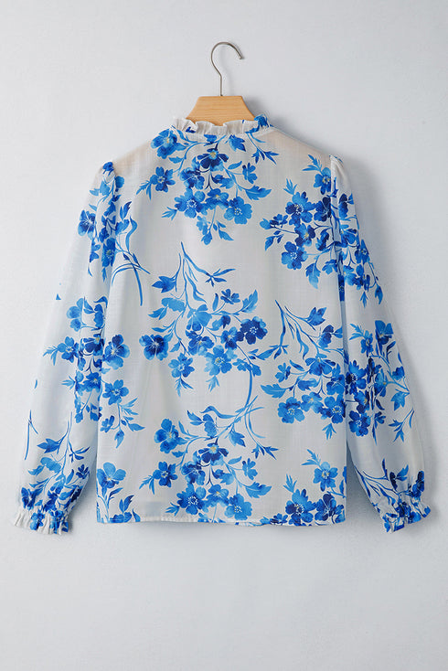Lace Up V Neck Floral Print Long Sleeve Blouse