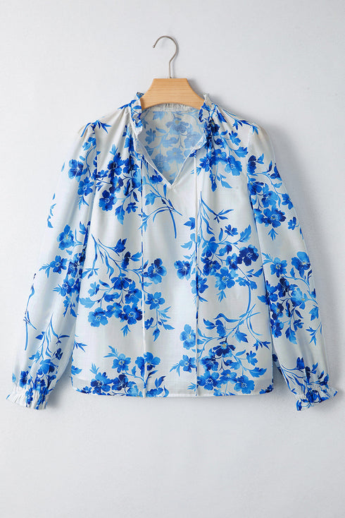 Lace Up V Neck Floral Print Long Sleeve Blouse
