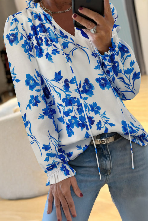 Lace Up V Neck Floral Print Long Sleeve Blouse