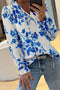 Lace Up V Neck Floral Print Long Sleeve Blouse