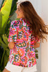 Lace Up V Neck Floral Print Relaxed Short Sleeve Blouse
