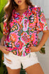 Lace Up V Neck Floral Print Relaxed Short Sleeve Blouse
