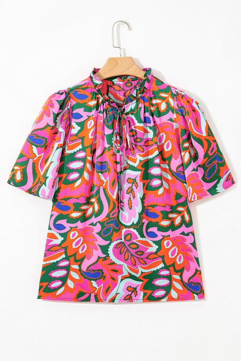 Lace Up V Neck Floral Print Relaxed Short Sleeve Blouse