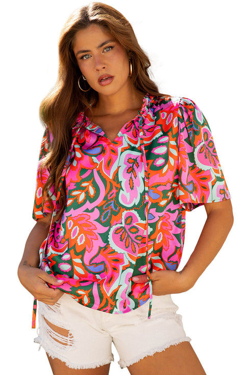Lace Up V Neck Floral Print Relaxed Short Sleeve Blouse