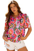 Lace Up V Neck Floral Print Relaxed Short Sleeve Blouse