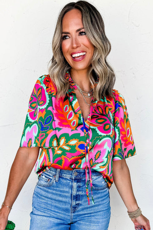 Lace Up V Neck Floral Print Relaxed Short Sleeve Blouse