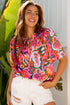Lace Up V Neck Floral Print Relaxed Short Sleeve Blouse