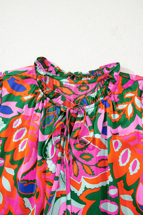 Lace Up V Neck Floral Print Relaxed Short Sleeve Blouse