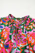 Lace Up V Neck Floral Print Relaxed Short Sleeve Blouse