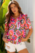Lace Up V Neck Floral Print Relaxed Short Sleeve Blouse