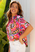 Lace Up V Neck Floral Print Relaxed Short Sleeve Blouse