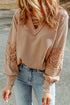 Lace Waffle Patchwork Strappy V Neck Long Sleeve Top