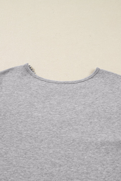 Lace Yoke Ribbed Balloon Sleeve Patchwork Top