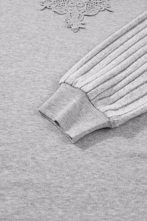 Lace Yoke Ribbed Balloon Sleeve Patchwork Top