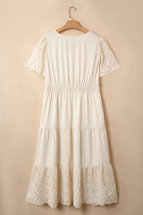 Lacy Embroidery Patchwork V Neck Short Sleeve Maxi Dress