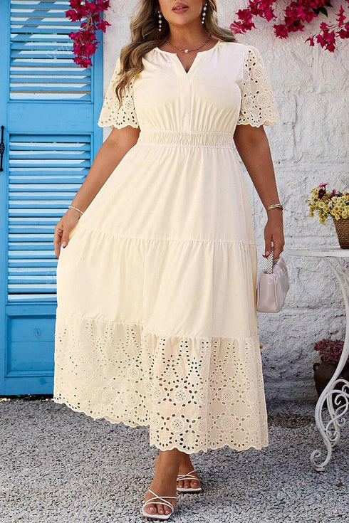 Lacy Embroidery Patchwork V Neck Short Sleeve Maxi Dress