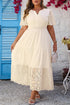 Lacy Embroidery Patchwork V Neck Short Sleeve Maxi Dress