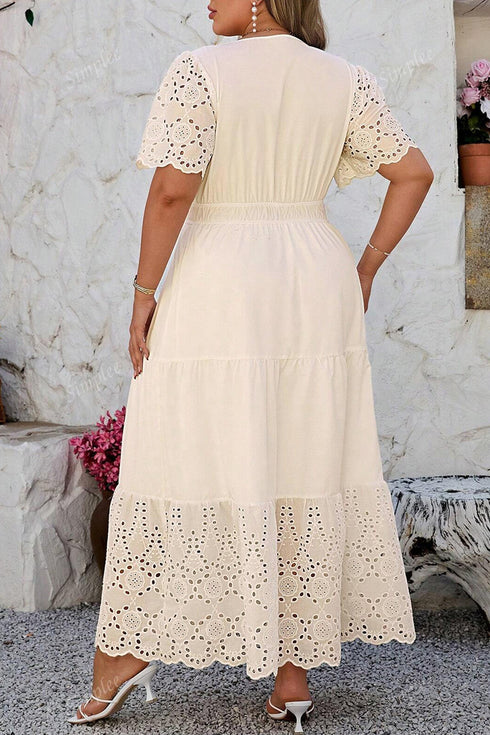 Lacy Embroidery Patchwork V Neck Short Sleeve Maxi Dress